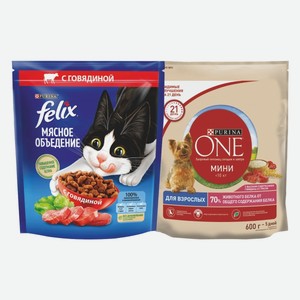 Корм сухой для кошек Феликс говядина, курица 600 г Корм сухой для собак Purina One в ассортименте 600 г